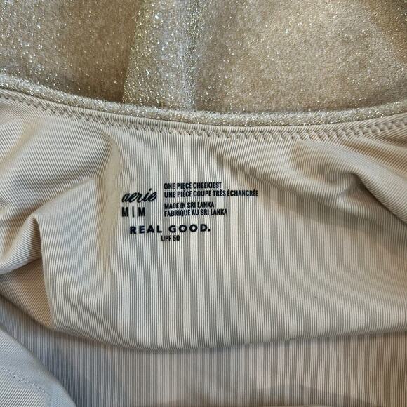 NWT Aerie Sparkle Babewatch One Piece Swimsuit Golden Oak Scoop Back Swim Size M - Picture 6 of 7